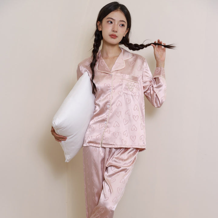 Women's Pajama Set, Ice Silk, Long Sleeve, Heart Pattern