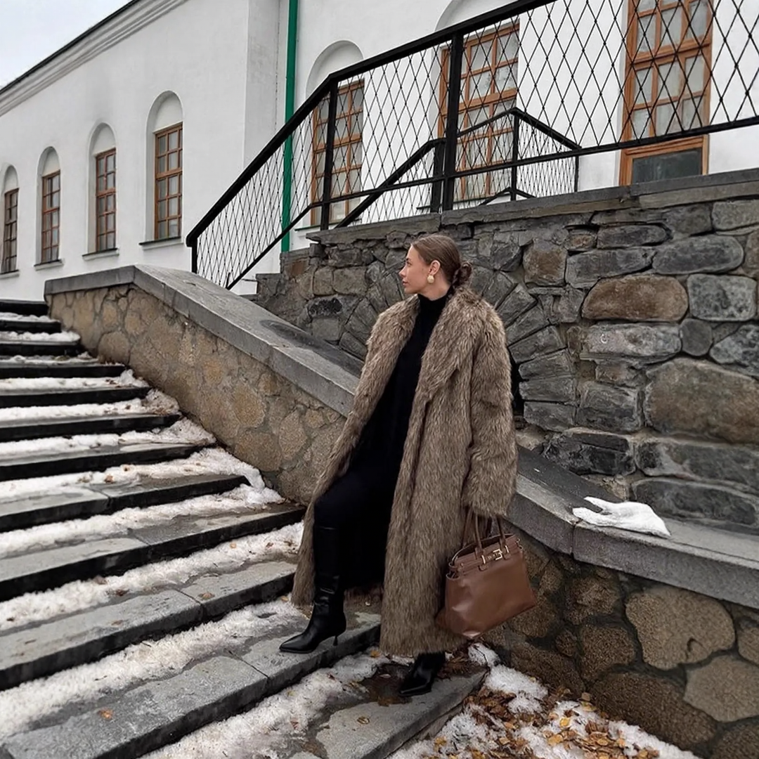 Long Vintage Coat in Faux Fur Look