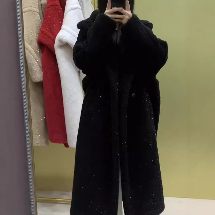 Teddy Coat with Gloss Effect, Mid-Length, Women's