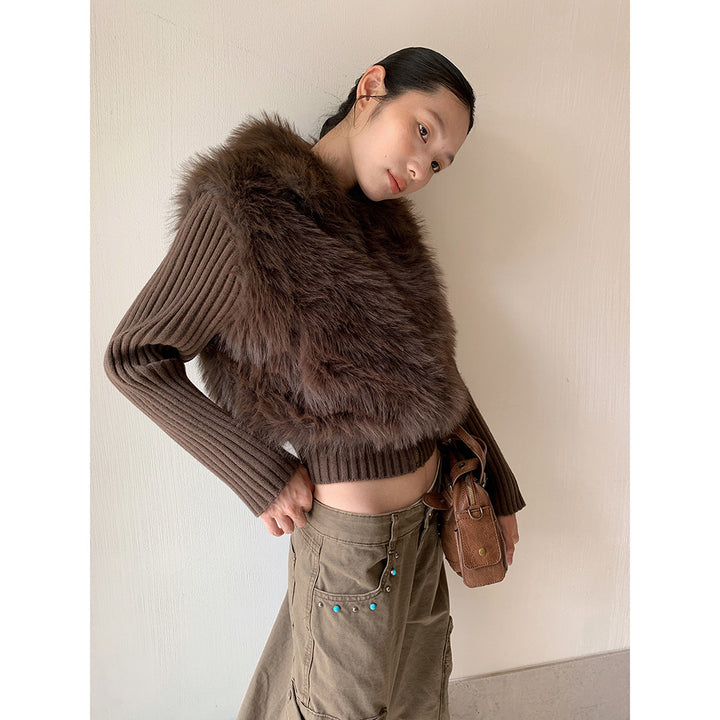 Cardigan with faux fur trim and lapel collar