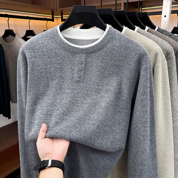 Men's knitted sweater, round neck, long sleeve, fake layer look