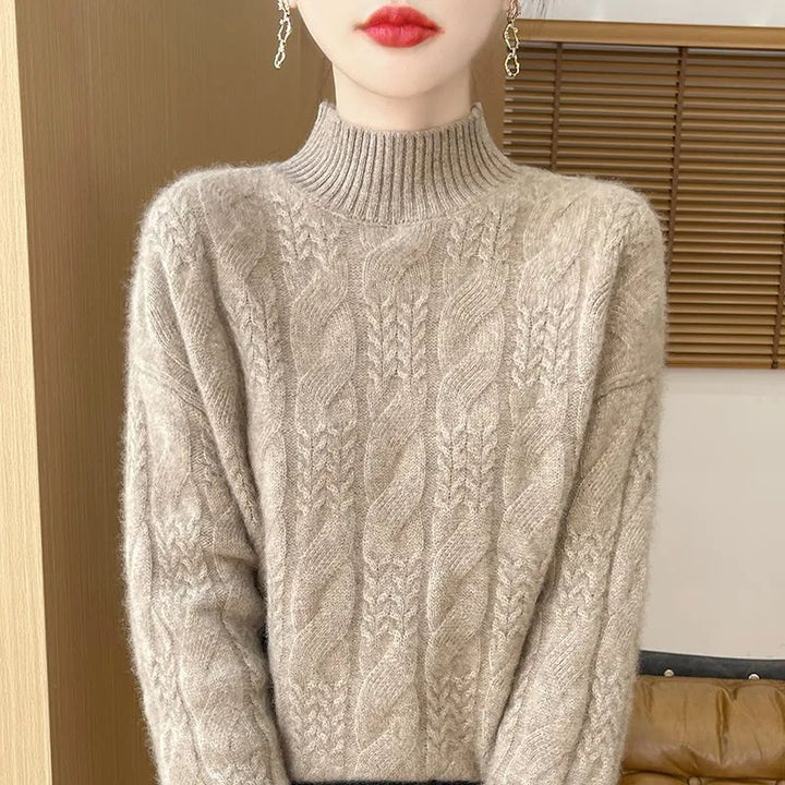 Women's Knit Sweater, Stand-up Collar, Cable Pattern, 3D Look