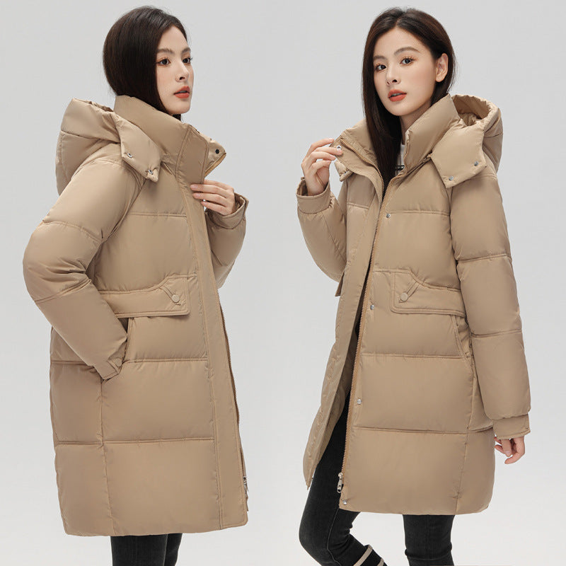 Mid-length women's padded jacket with hood, insulated