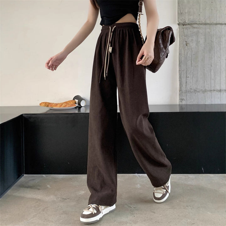 Cord Wide Pants with Drawstring and High Waist