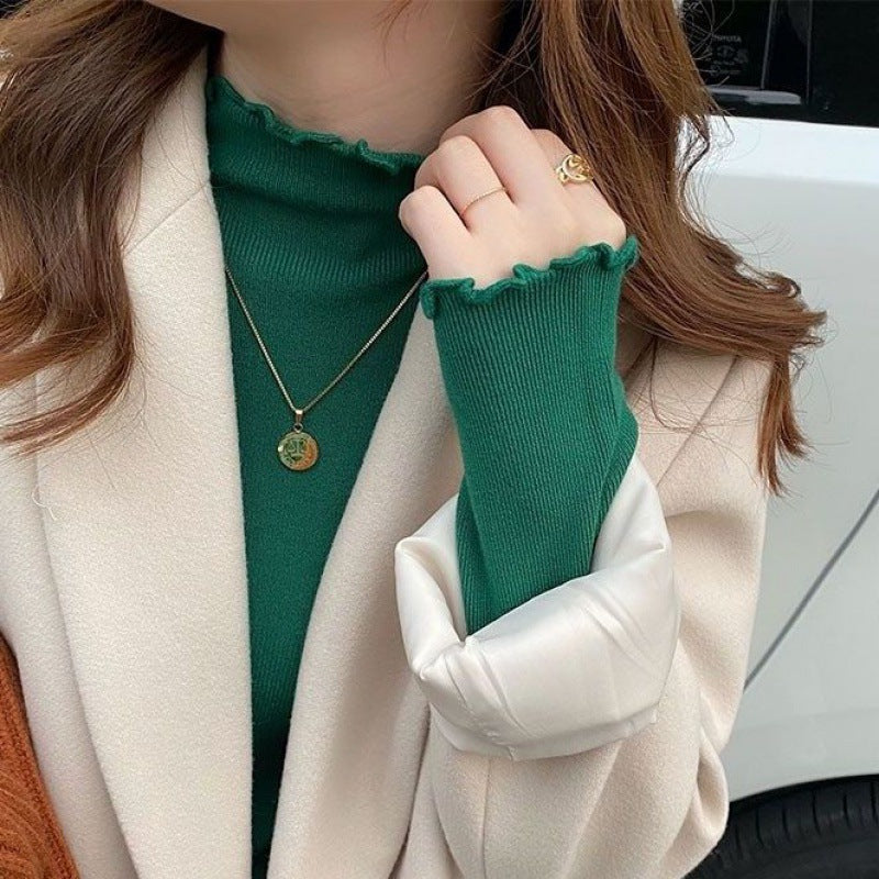 Women's Knitted Shirt, Stand-up Collar, Ruffle Edge, Fitted