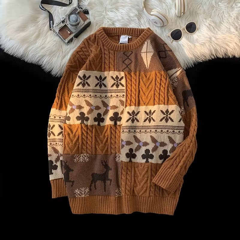Retro knit sweater with contrast pattern