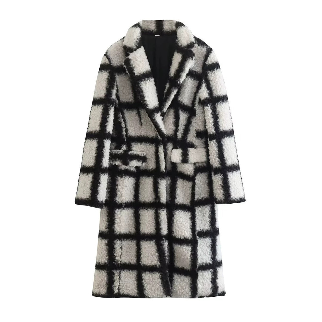Teddy coat, checked, lapel collar, women's