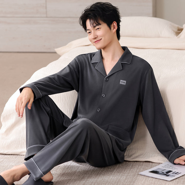 Men's house suit with lapel collar, long sleeves