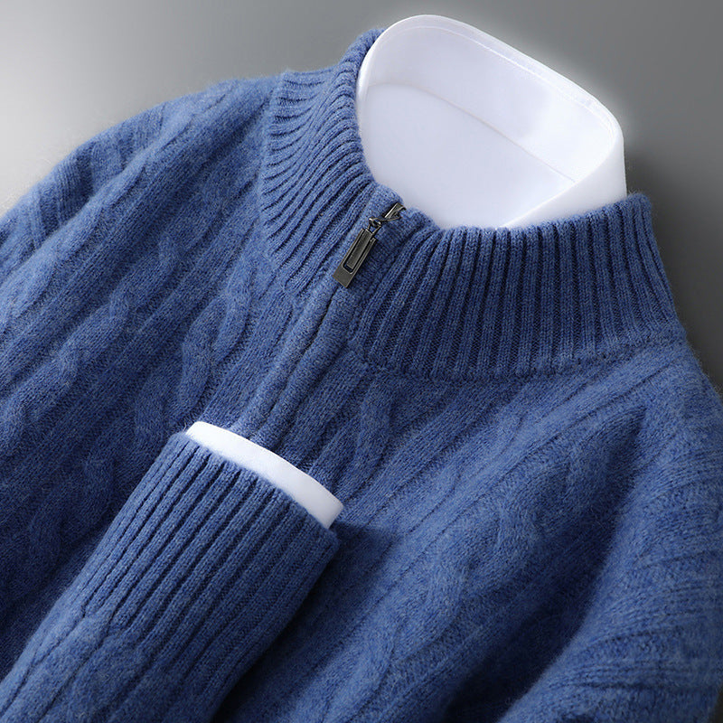 Men's wool sweater, 100% wool, zipper, cable pattern