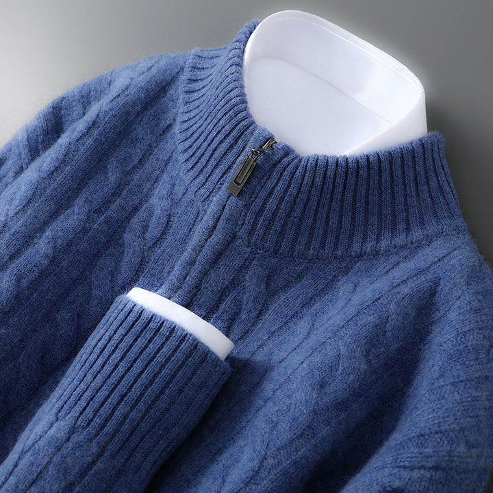 Men's wool sweater, 100% wool, zipper, cable pattern