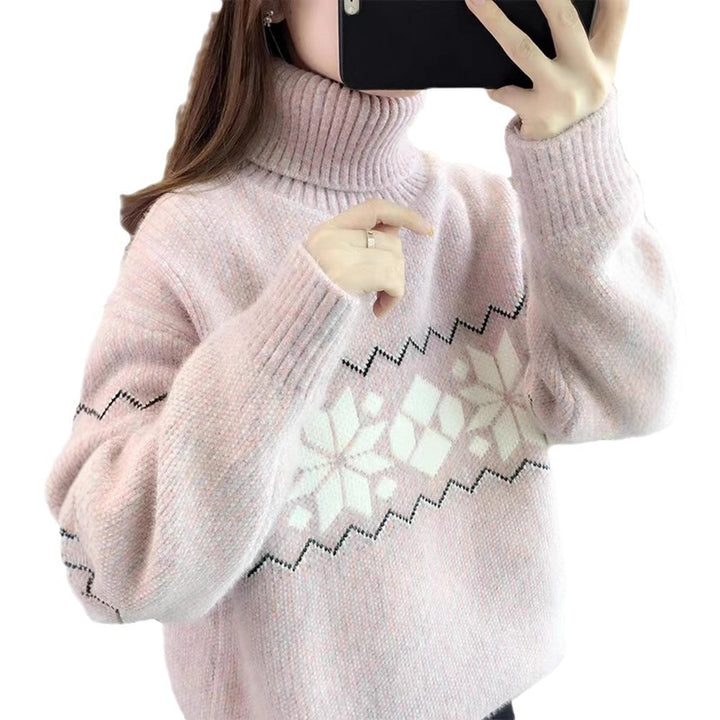 Women's knitted pullover with snowflake pattern and stand-up collar