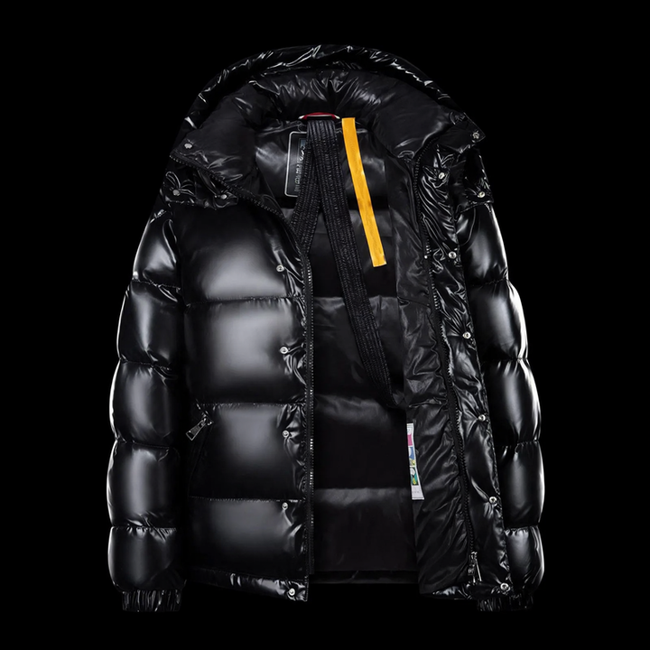 Short men's down jacket with hood, shiny