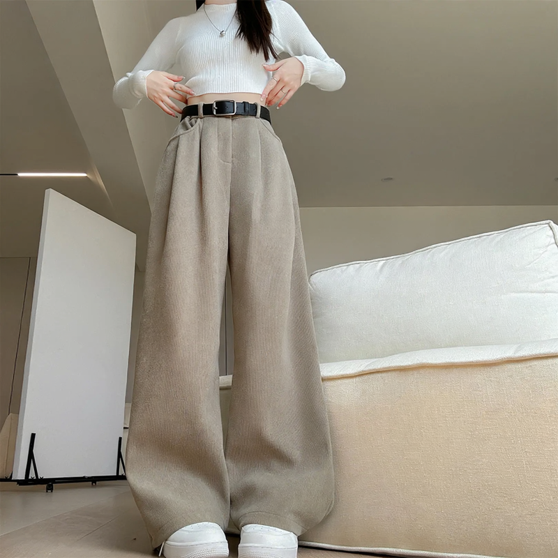 Cord Wide Trousers for Women, High Waist, Straight Fit