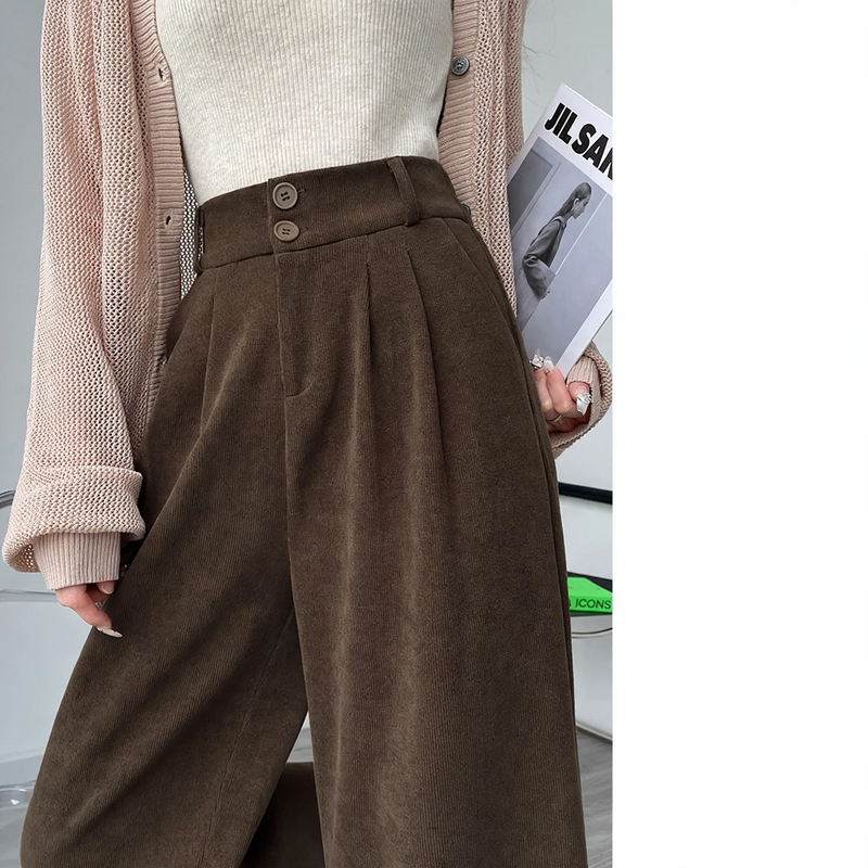 Chenille fabric trousers with high waist, straight cut