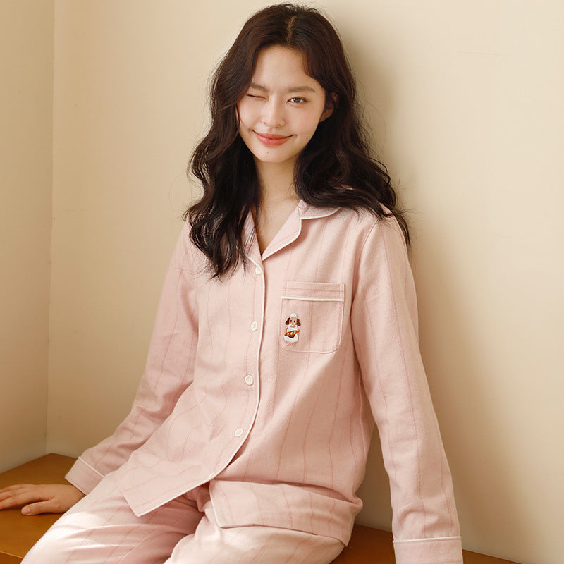 Cotton pajama set for couples, striped, embroidered