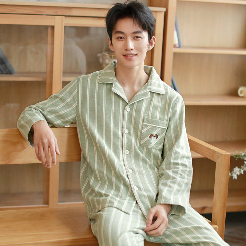 Cotton pajama set for couples, striped, embroidered