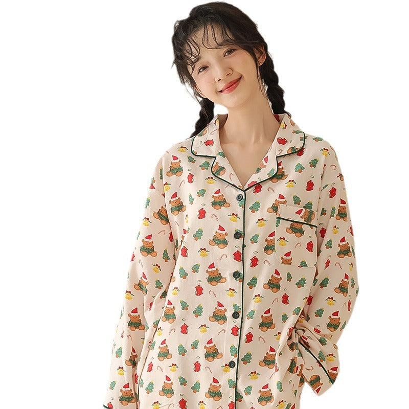 Women's cotton pajamas, long-sleeved, with lapel collar
