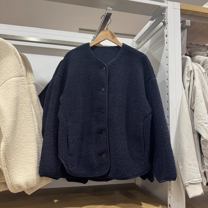 Casual fleece cardigan with lambskin look