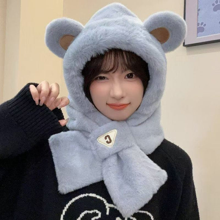 Women's Plush Hooded Scarf with Bear Design