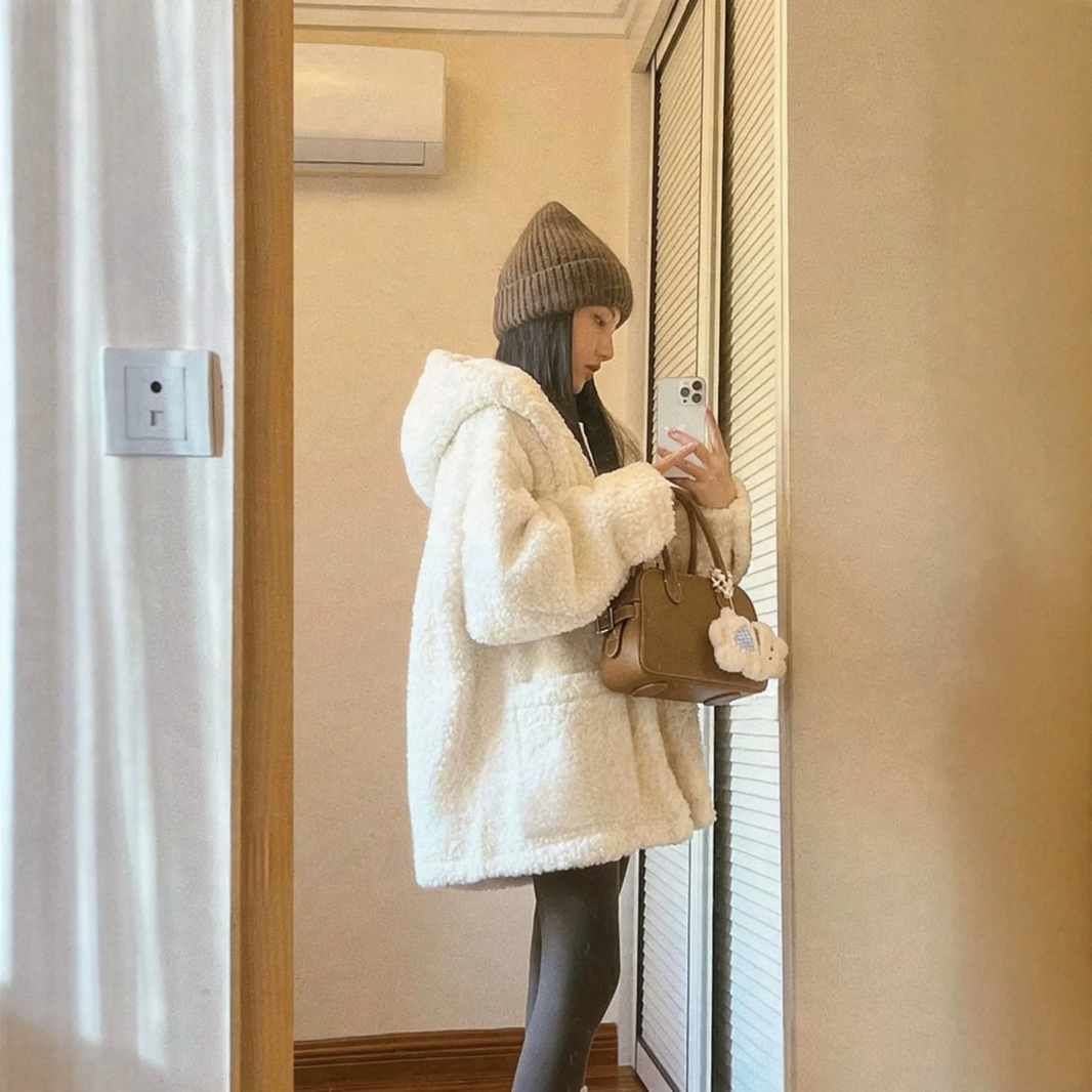 Women's coat, lambskin look, hood, padded