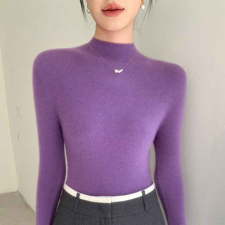 Women's knitted pullover with stand-up collar, fitted