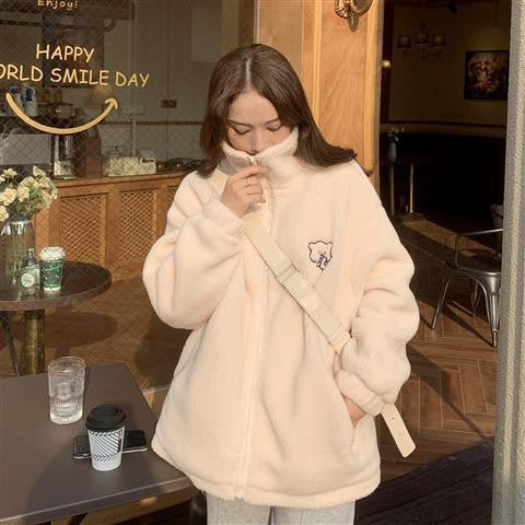 Casual teddy fleece jacket with stand-up collar and bear motif