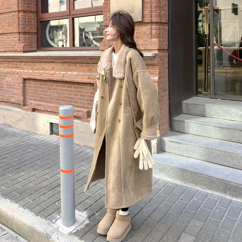 Lamb fleece coat, long, suede look