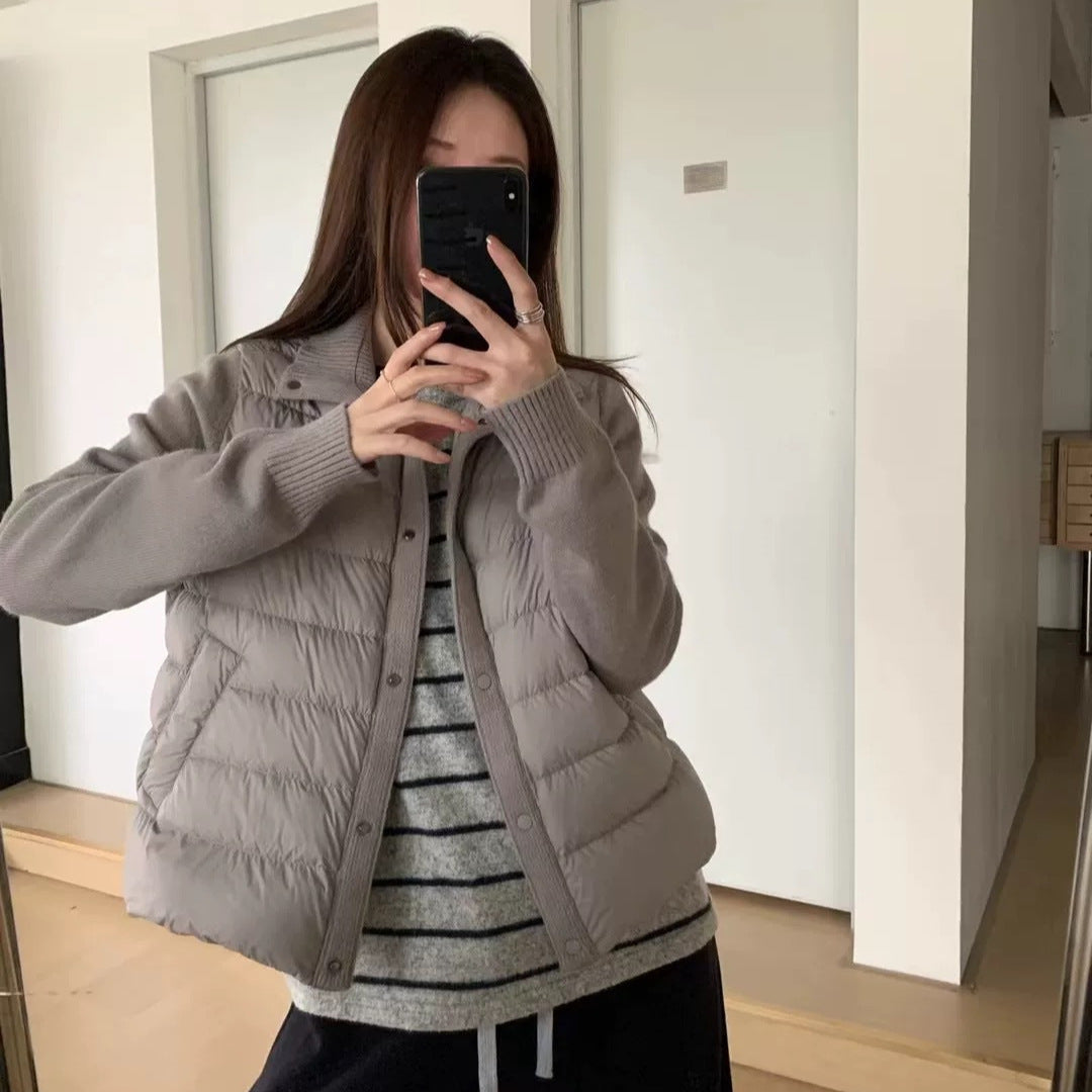 Short women's down jacket with knitted sleeves
