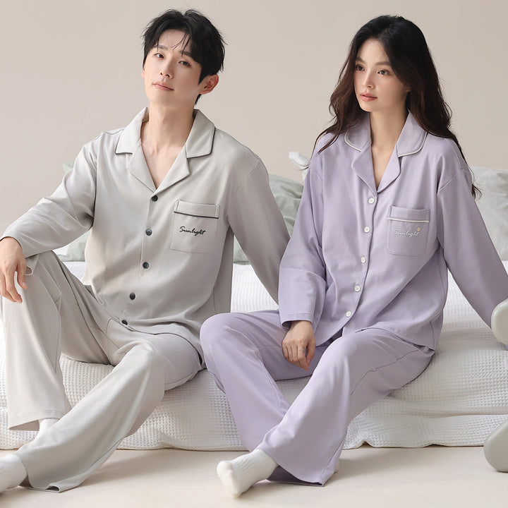 Cotton pajama set with shawl collar, long-sleeved