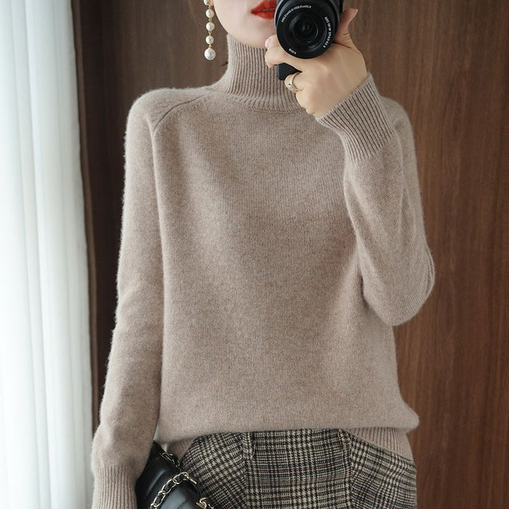Women's knitted sweater, high collar, solid color, loose