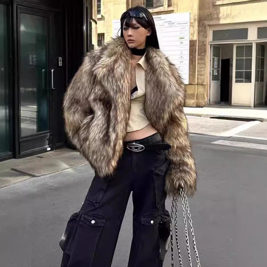 Faux fur coat with lapel collar, European style