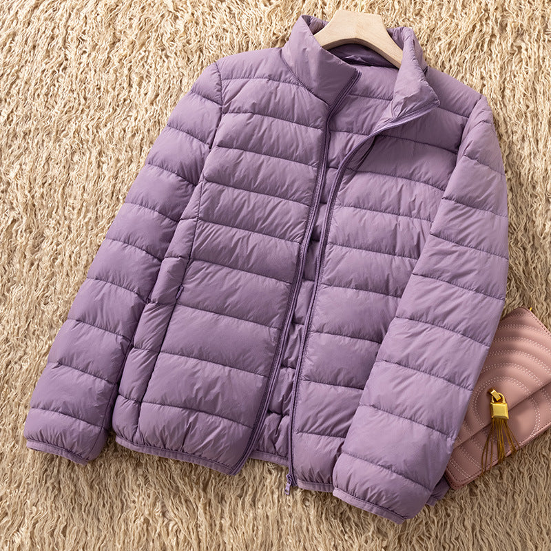 Light women's down jacket with stand-up collar