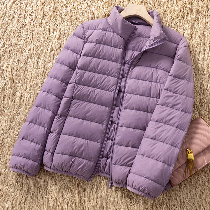 Light women's down jacket with stand-up collar