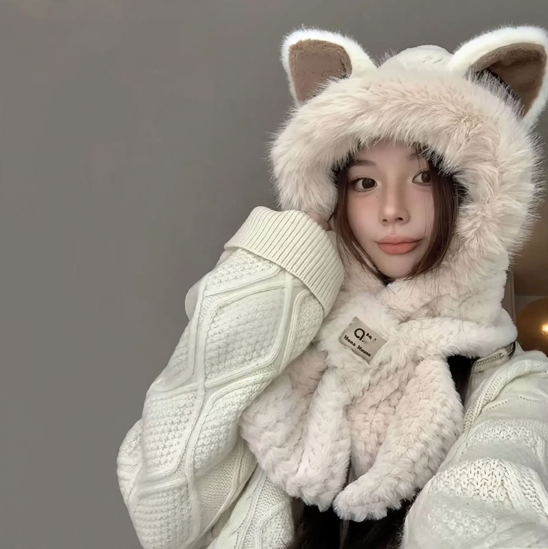 Fluffy set consisting of hat with fox ears and scarf