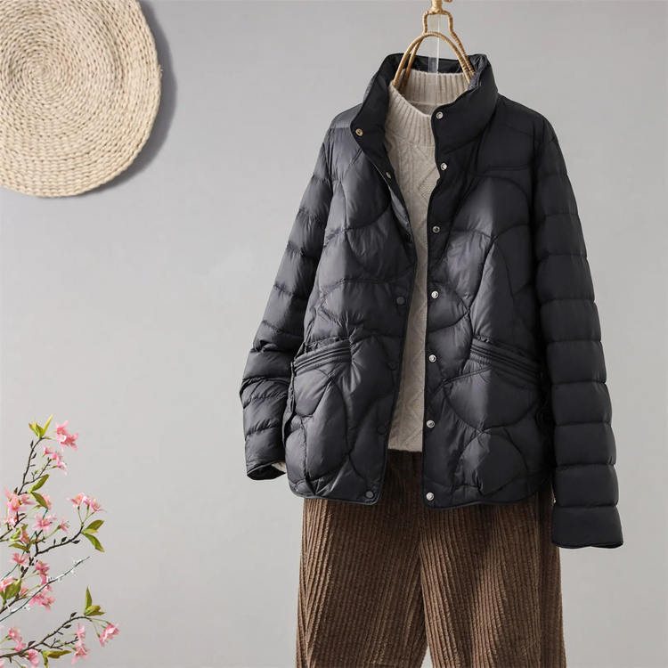 Lightweight short down jacket for women with stand-up collar