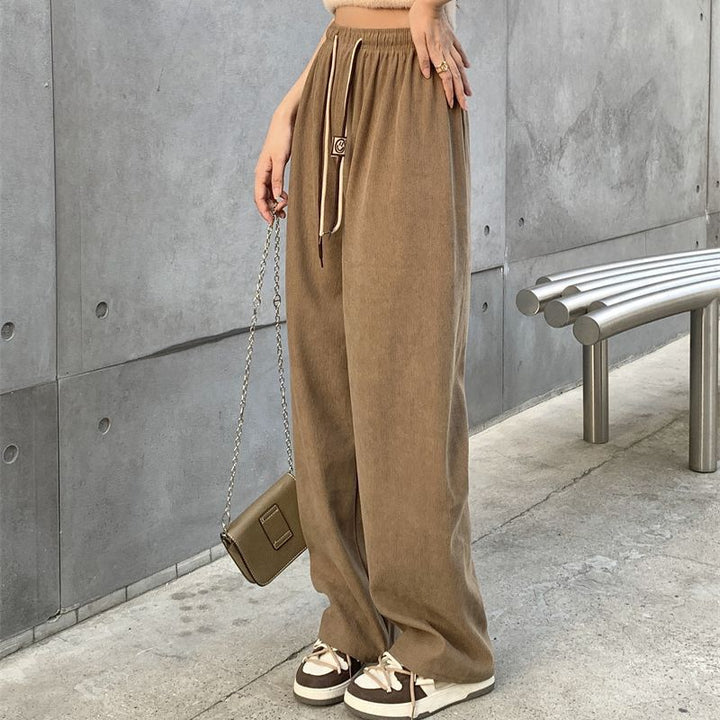 Cord wide trousers with drawstring, high waist, straight cut
