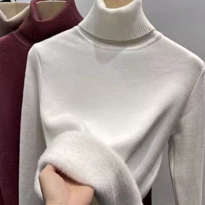 Women's knitted pullover with inner fleece, high collar