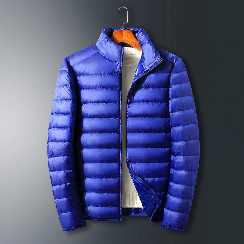Light men's down jacket with hood, white duck down lining