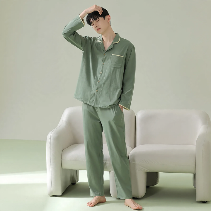 Men's pajama set made of cotton, long-sleeved, antibacterial