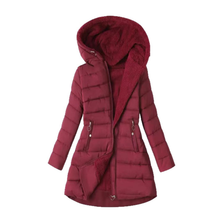 Women's quilted coat, tailored, with hood, medium length