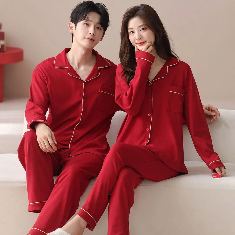 Cotton pajama set for couples with lapel collar