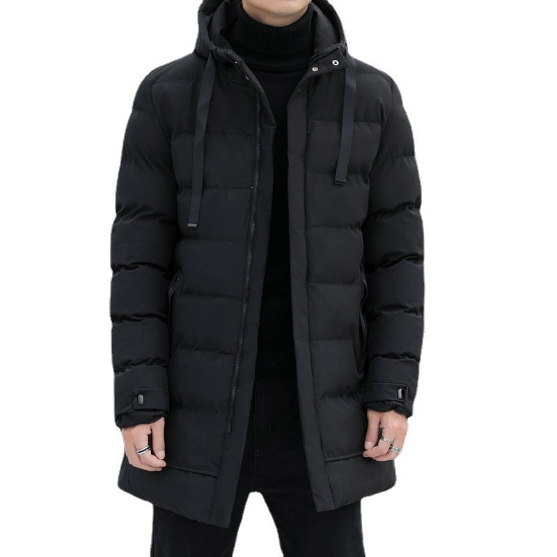 Men's winter coat, mid-length, with hood and down filling