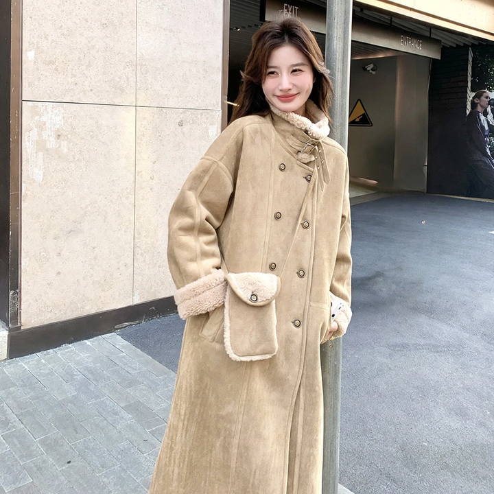 Lamb fleece coat, long, suede look