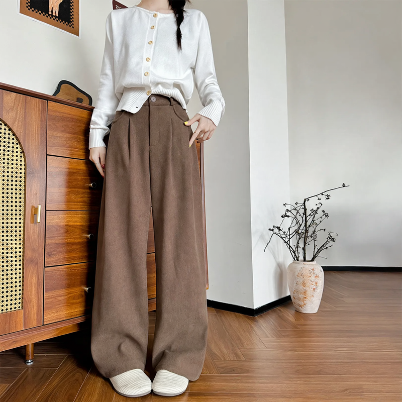 Cord wide pants for women, high-waisted