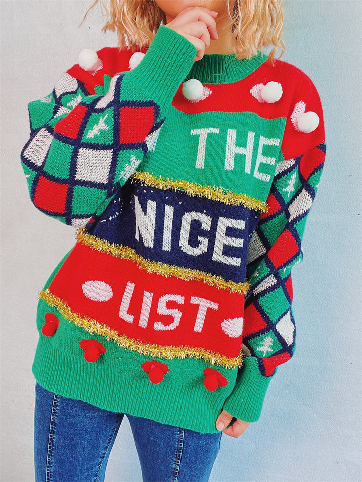 Ladies' Christmas sweater with letter jacquard and gold stripes