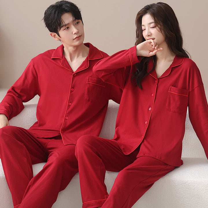 Cotton pajama set for couples with lapel collar