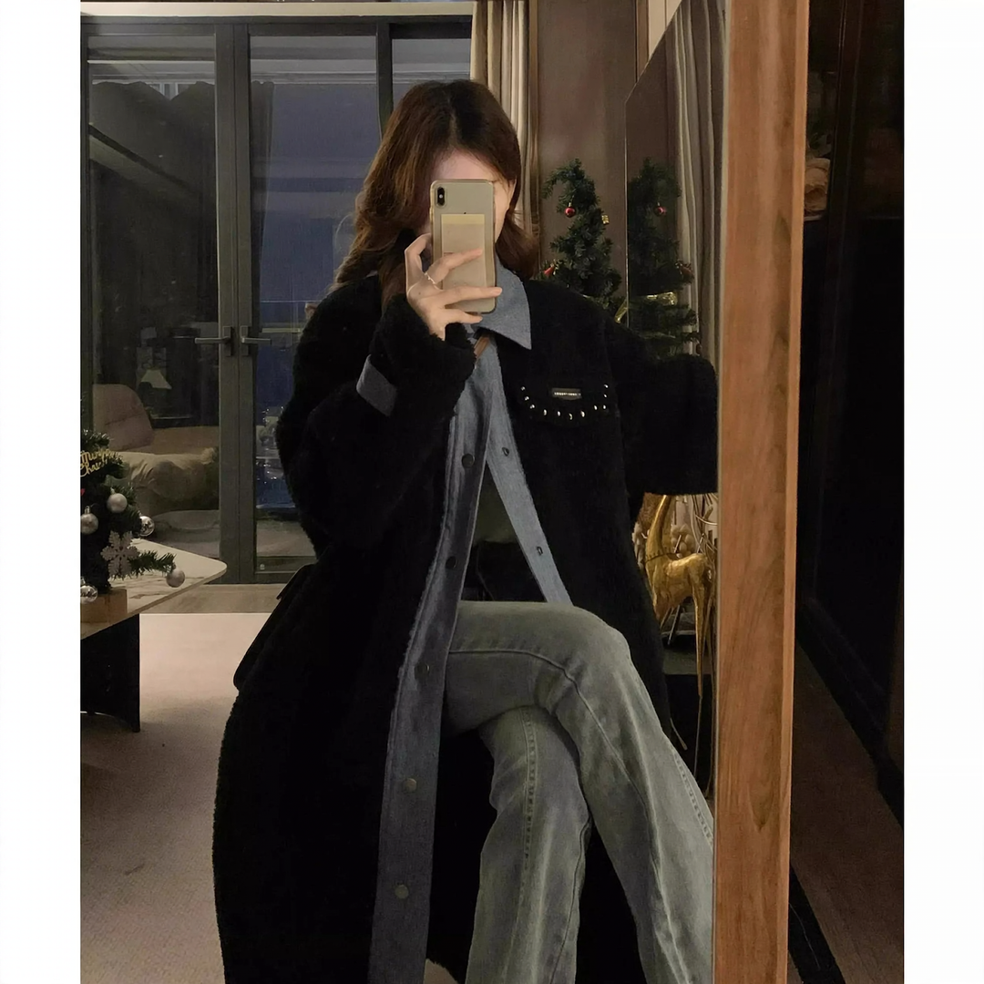 Women's coat in lambskin look, mid-length, lined