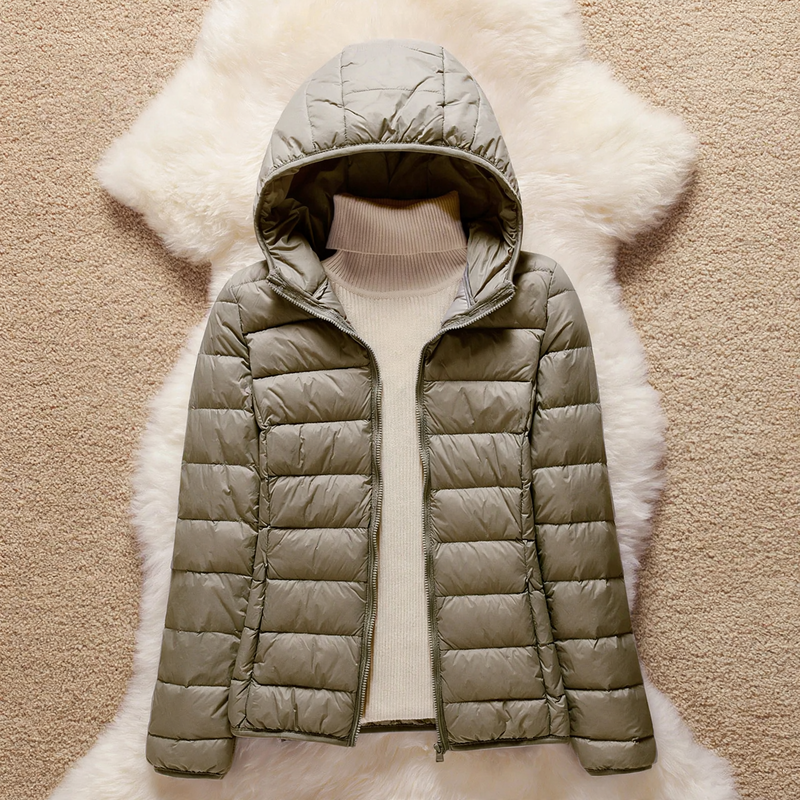 Light women's down jacket with hood and standing collar