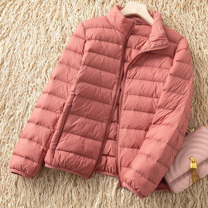 Light women's down jacket with stand-up collar