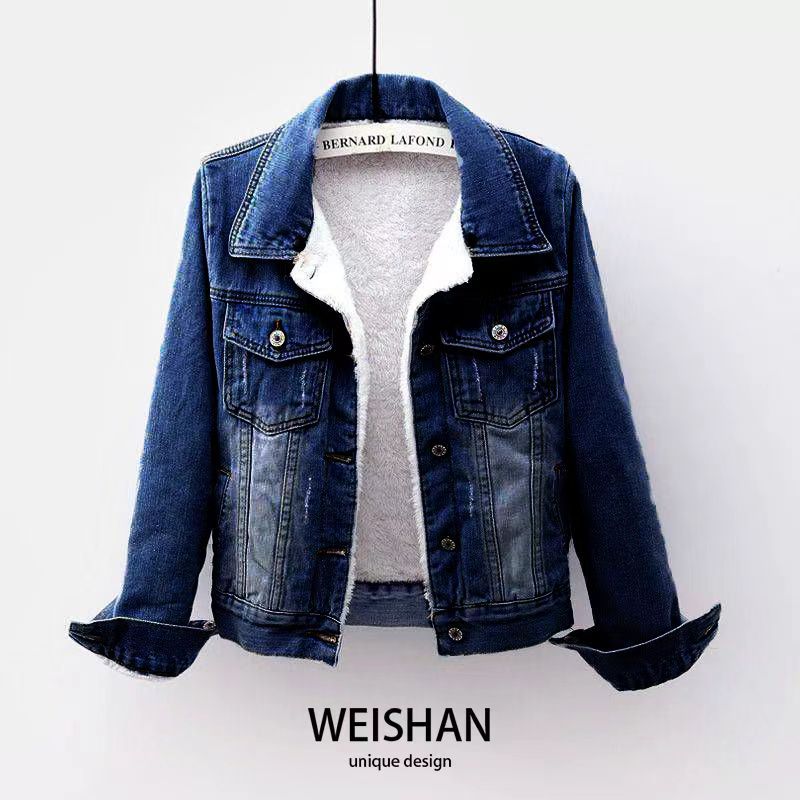 Padded denim jacket for women, short, with faux fur collar
